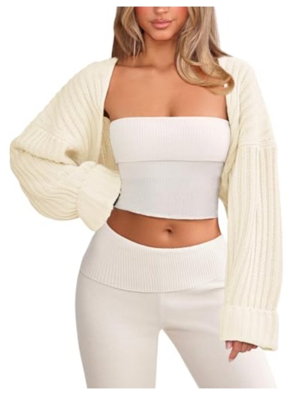 Chunky Knit Bolero Shrug Cardigan for Women Open Front Long Sleeve Crop Sweater